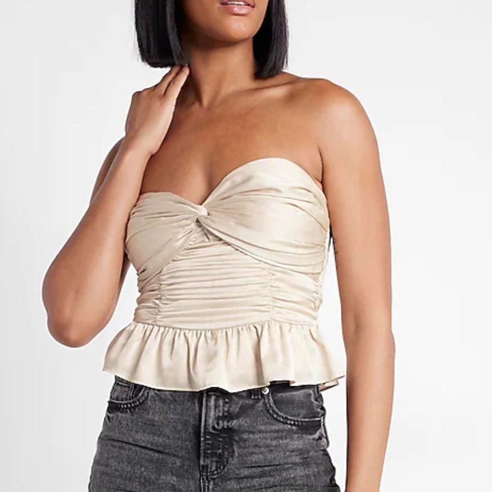 Express Champagne Satin Strapless Ruched Peplum Top Sweetheart Smocked Back S